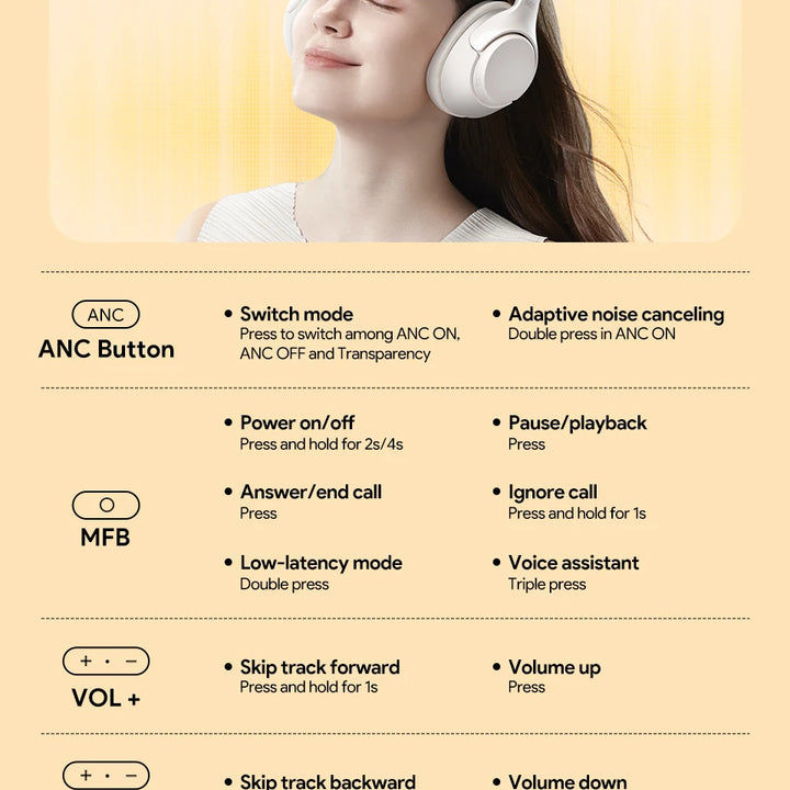 QCY H3 ANC Wireless Headphones 43dB Hybrid Active Noise Cancellation Headset Bluetooth 5.4 Hi-Res Audio Earphones 60H Playtime