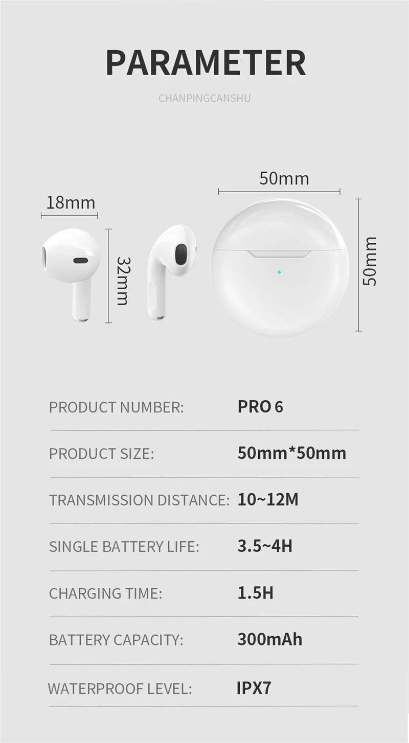 NEW Original Air Pro 6 TWS Wireless Headphones Fone Bluetooth Earphones Mic Pods In Ear Earbuds Earbuds sport Headset For Xiaomi