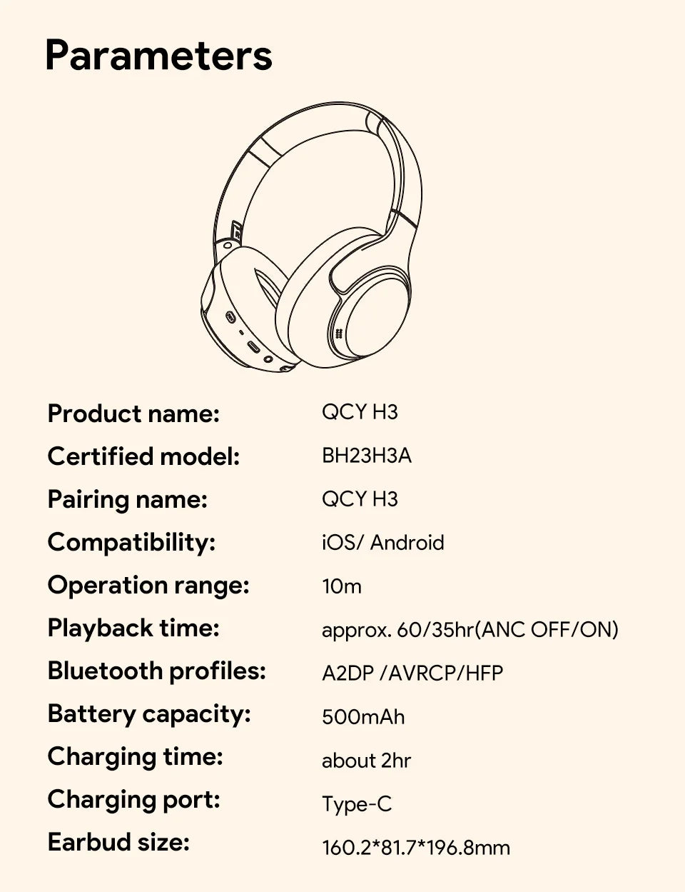 QCY H3 ANC Wireless Headphones 43dB Hybrid Active Noise Cancellation Headset Bluetooth 5.4 Hi-Res Audio Earphones 60H Playtime