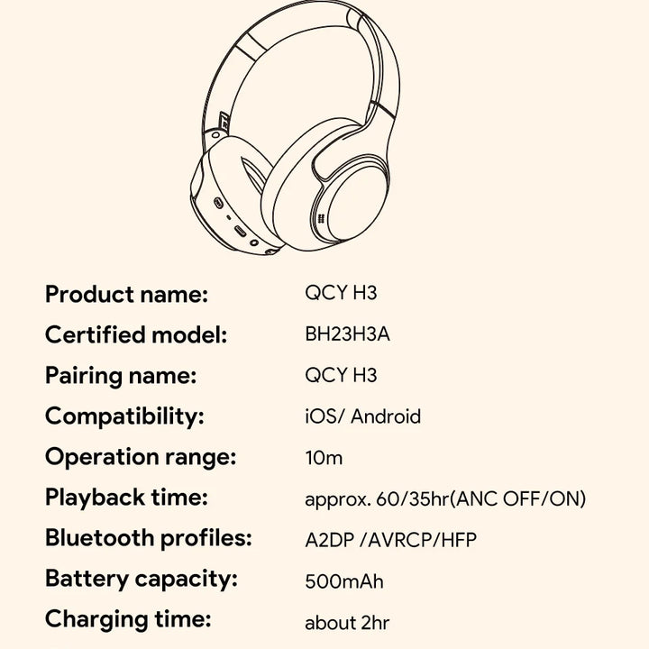 QCY H3 ANC Wireless Headphones 43dB Hybrid Active Noise Cancellation Headset Bluetooth 5.4 Hi-Res Audio Earphones 60H Playtime