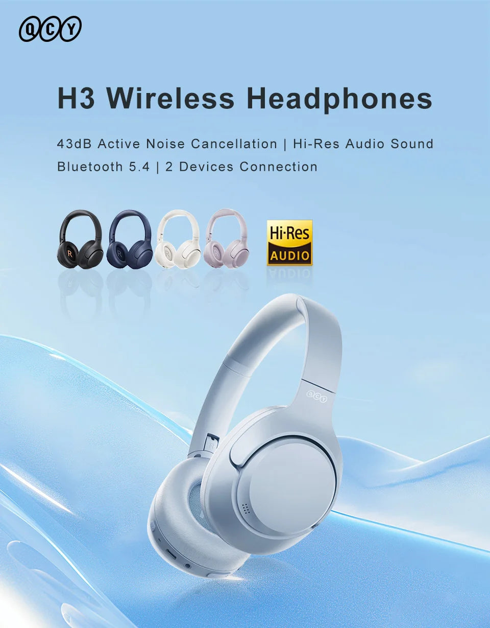 QCY H3 ANC Wireless Headphones 43dB Hybrid Active Noise Cancellation Headset Bluetooth 5.4 Hi-Res Audio Earphones 60H Playtime